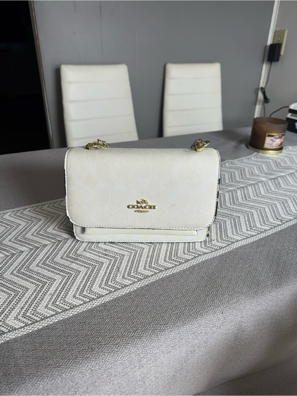 Coach Cream Leather Crossbody with Gold-Tone Chain